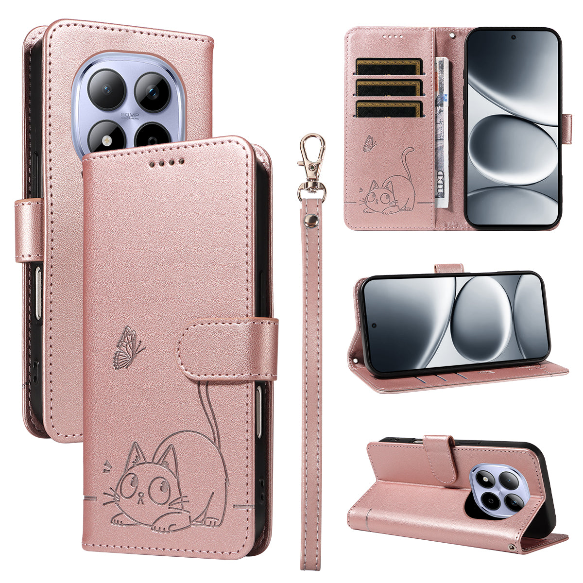 For Xiaomi Redmi Note 15 Pro 5G (Global) Case Cat Pattern Imprint Leather Phone Cover with Wrist Strap