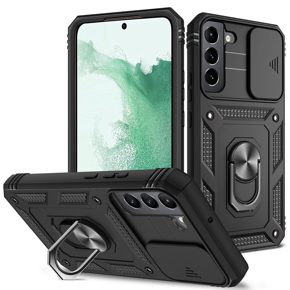 Anti-fall Phone Cover Kickstand For Samsung Galaxy S22+ 5G, Anti-scratch Phone Case Card Holder with Sliding Camera Lid