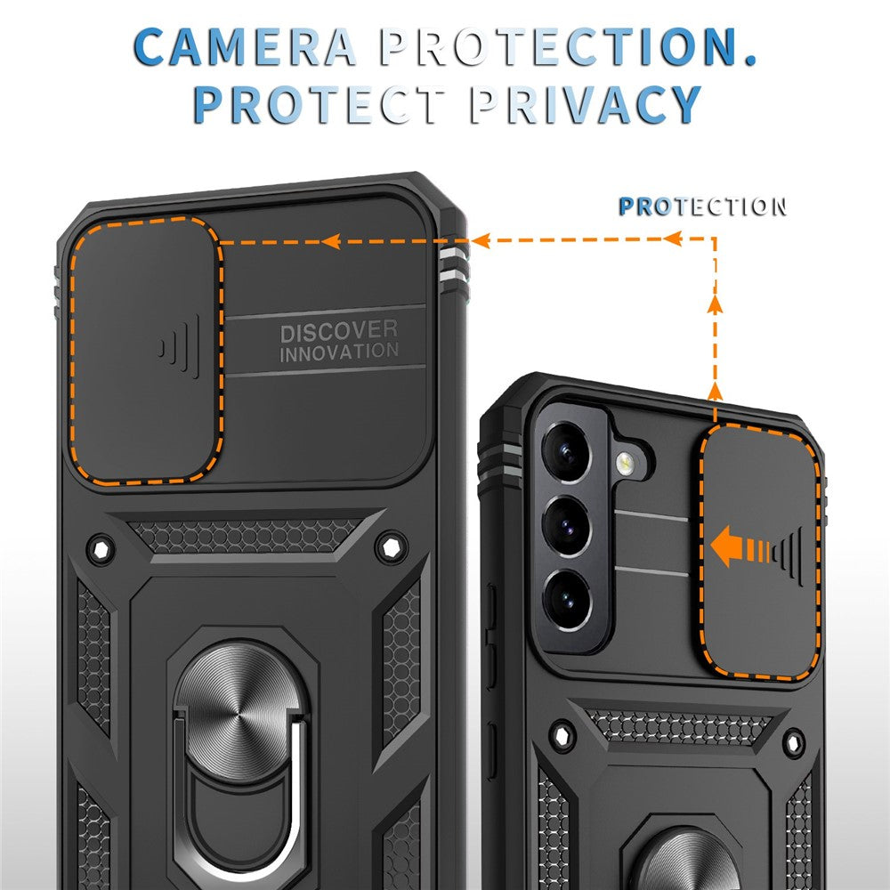 Anti-fall Phone Cover Kickstand For Samsung Galaxy S22+ 5G, Anti-scratch Phone Case Card Holder with Sliding Camera Lid