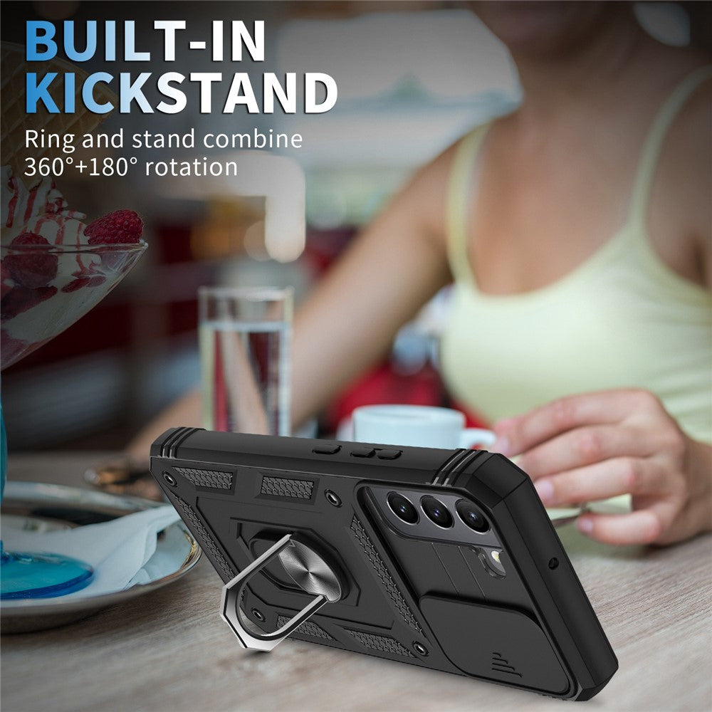 Anti-fall Phone Cover Kickstand For Samsung Galaxy S22+ 5G, Anti-scratch Phone Case Card Holder with Sliding Camera Lid