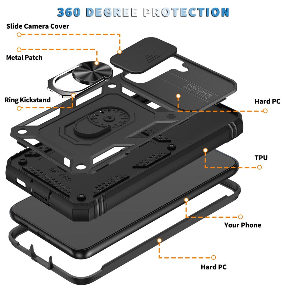 Anti-fall Phone Cover Kickstand For Samsung Galaxy S22+ 5G, Anti-scratch Phone Case Card Holder with Sliding Camera Lid