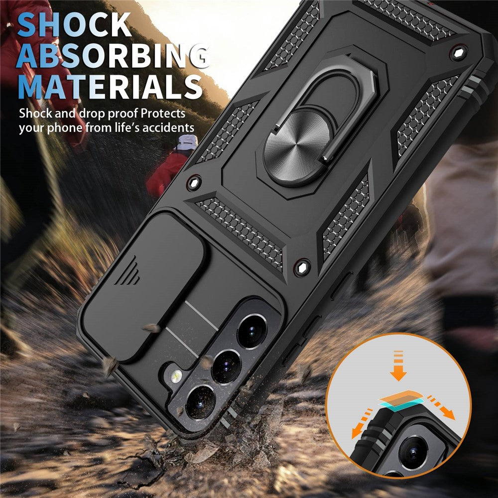Anti-fall Phone Cover Kickstand For Samsung Galaxy S22+ 5G, Anti-scratch Phone Case Card Holder with Sliding Camera Lid