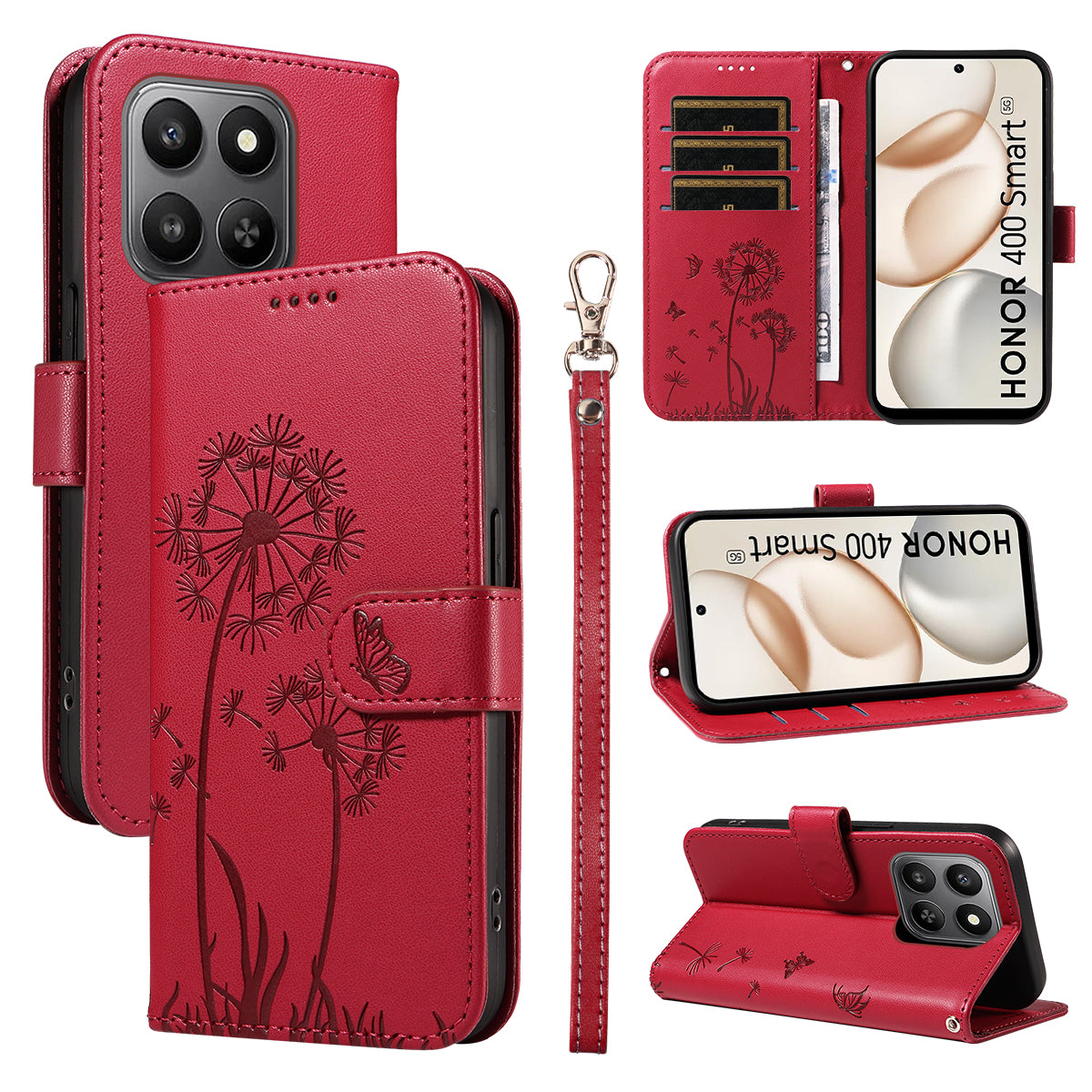 For Honor 400 Smart 4G Leather Wallet Case with Strap Dandelion Imprint Phone Stand Cover