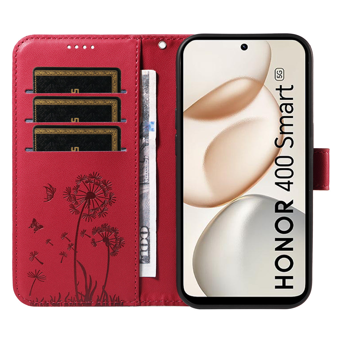 For Honor 400 Smart 4G Leather Wallet Case with Strap Dandelion Imprint Phone Stand Cover