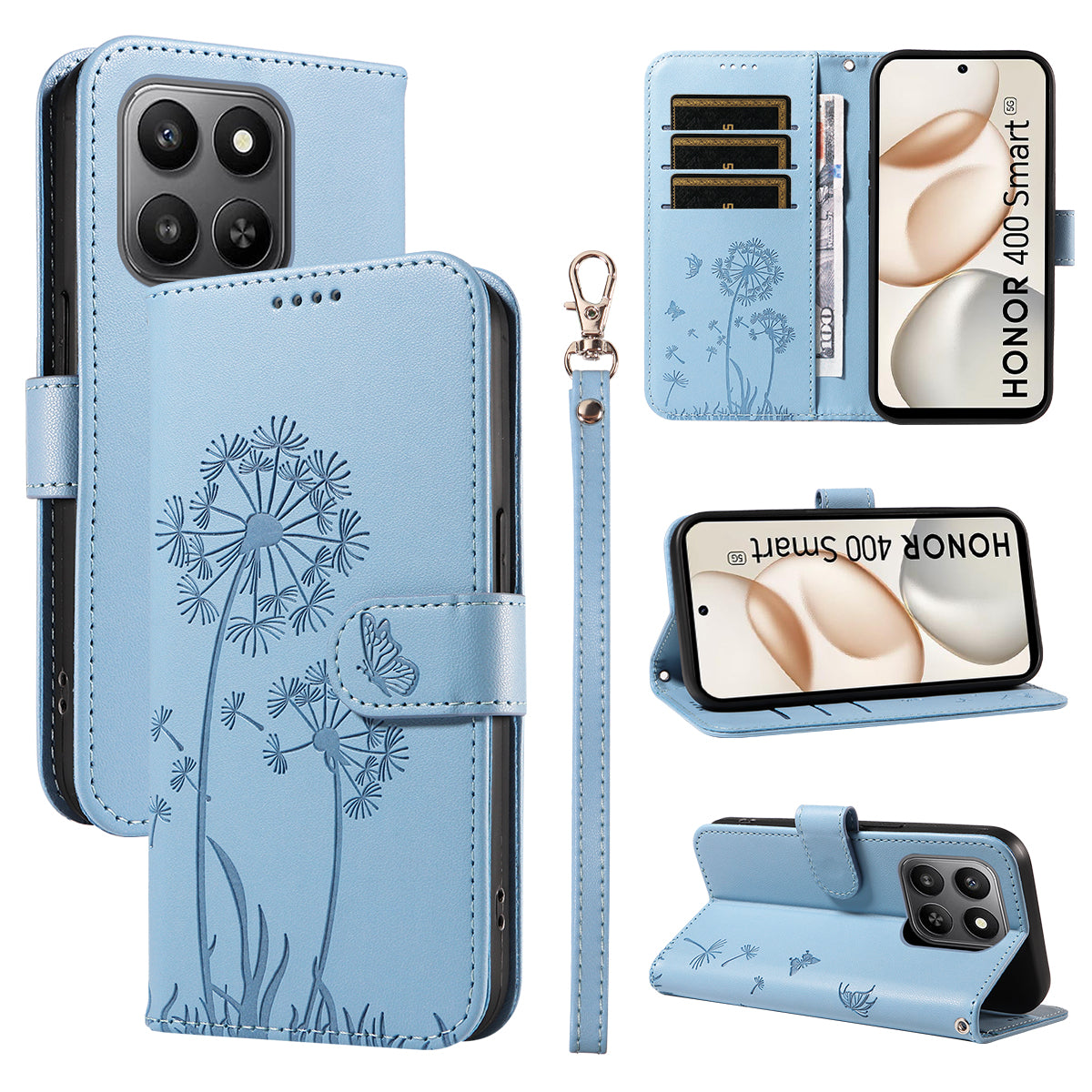 For Honor 400 Smart 4G Leather Wallet Case with Strap Dandelion Imprint Phone Stand Cover