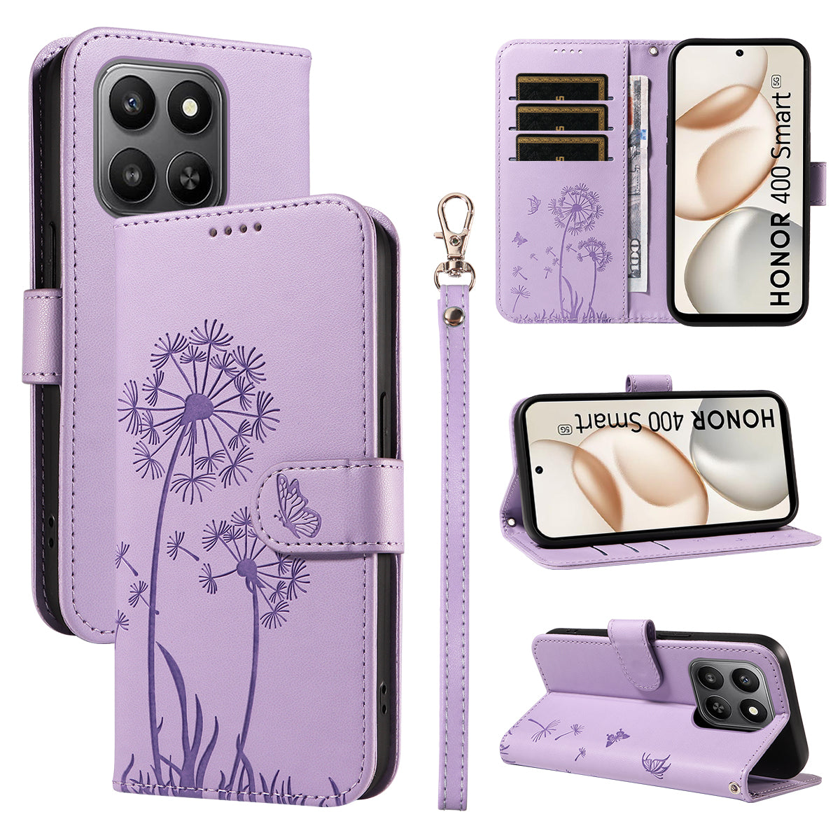 For Honor 400 Smart 4G Leather Wallet Case with Strap Dandelion Imprint Phone Stand Cover