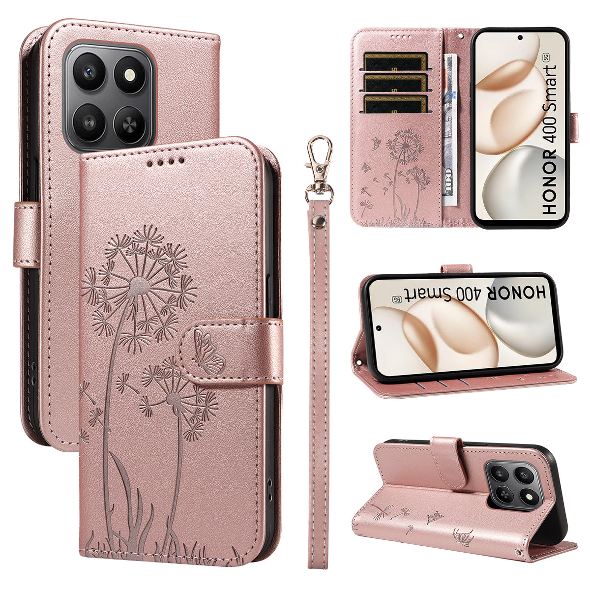For Honor 400 Smart 4G Leather Wallet Case with Strap Dandelion Imprint Phone Stand Cover