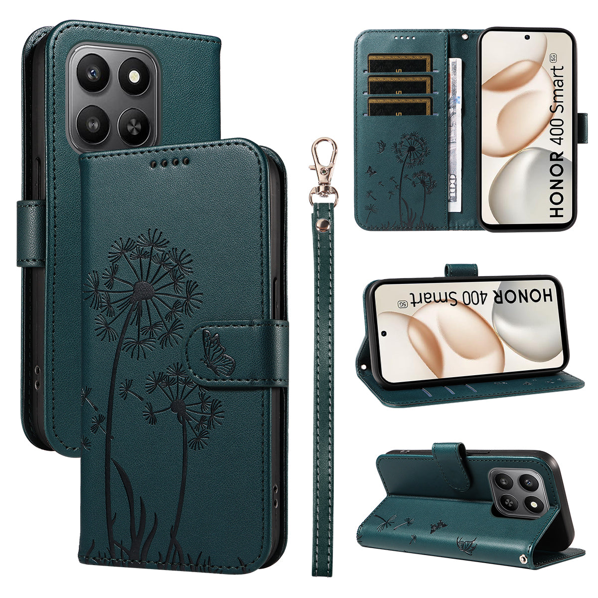 For Honor 400 Smart 4G Leather Wallet Case with Strap Dandelion Imprint Phone Stand Cover