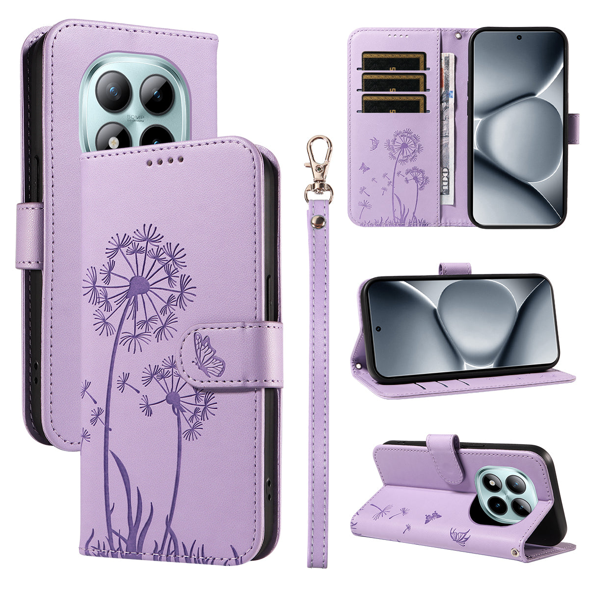 For Xiaomi Poco M8 Pro 5G / Redmi Note 15 Pro+ 5G (Global) Leather Wallet Case with Strap Dandelion Imprint Phone Stand Cover