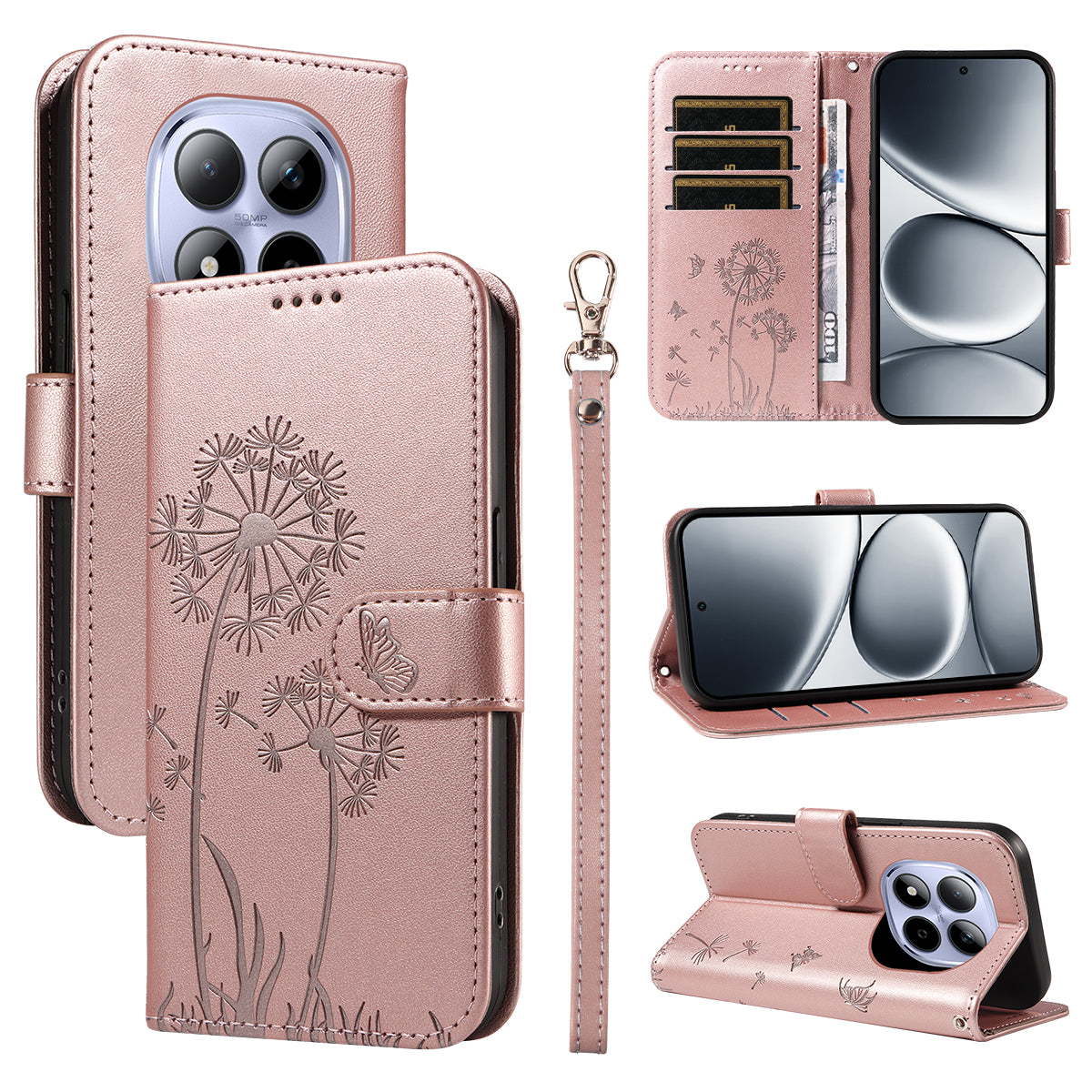 For Xiaomi Redmi Note 15 Pro 5G (Global) Leather Wallet Case with Strap Dandelion Imprint Phone Stand Cover