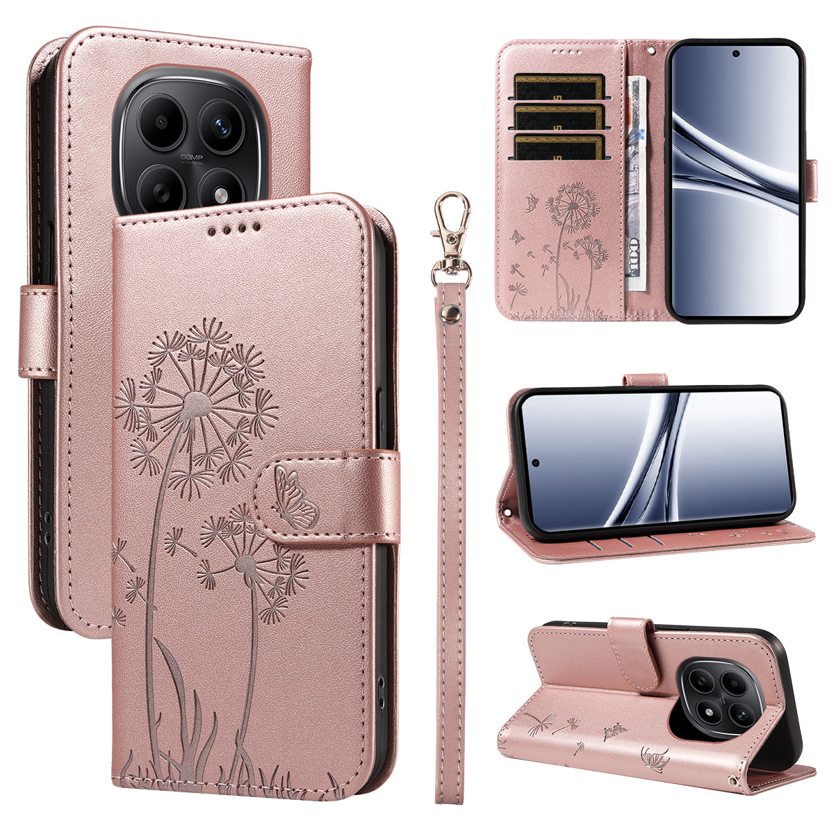 For Xiaomi Poco M8 5G / Redmi Note 15 5G (Global) Leather Wallet Case with Strap Dandelion Imprint Phone Stand Cover