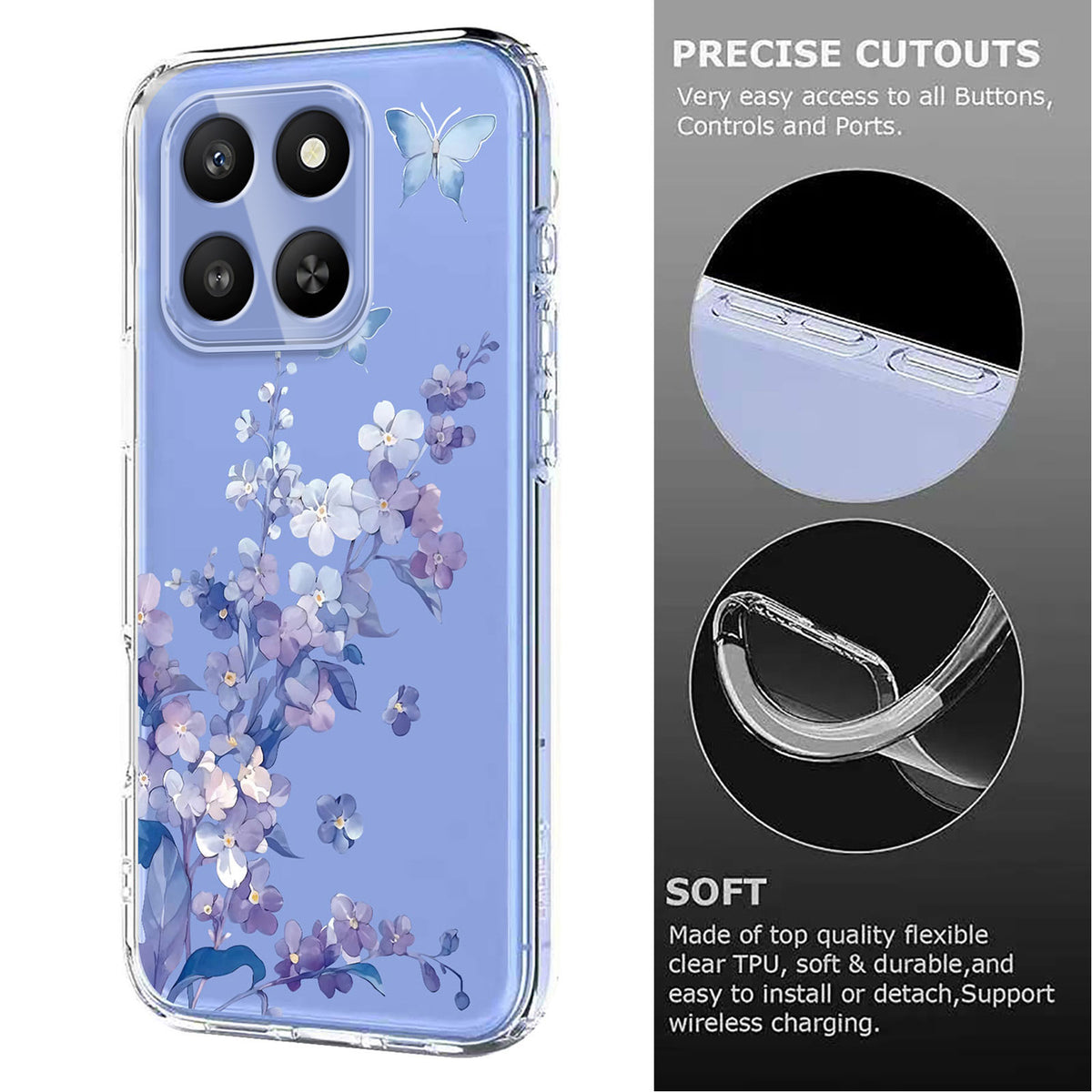Til Honor 400 Smart 4G / Honor 400 Smart 5G Cover med sommerfugle- og blomstermønster, trykt TPU-telefonbagcover