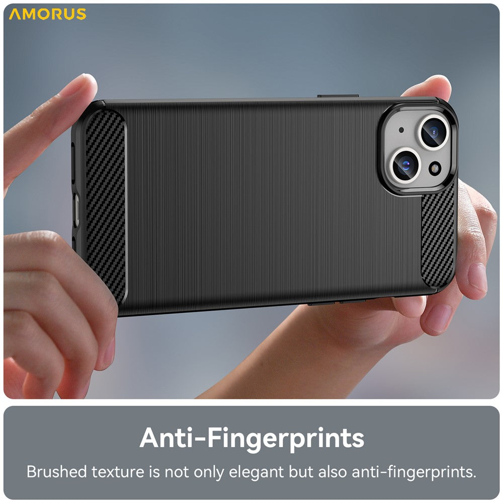 AMORUS för iPhone 15 Plus fodral kolfibertextur borstat skyddande telefonskal
