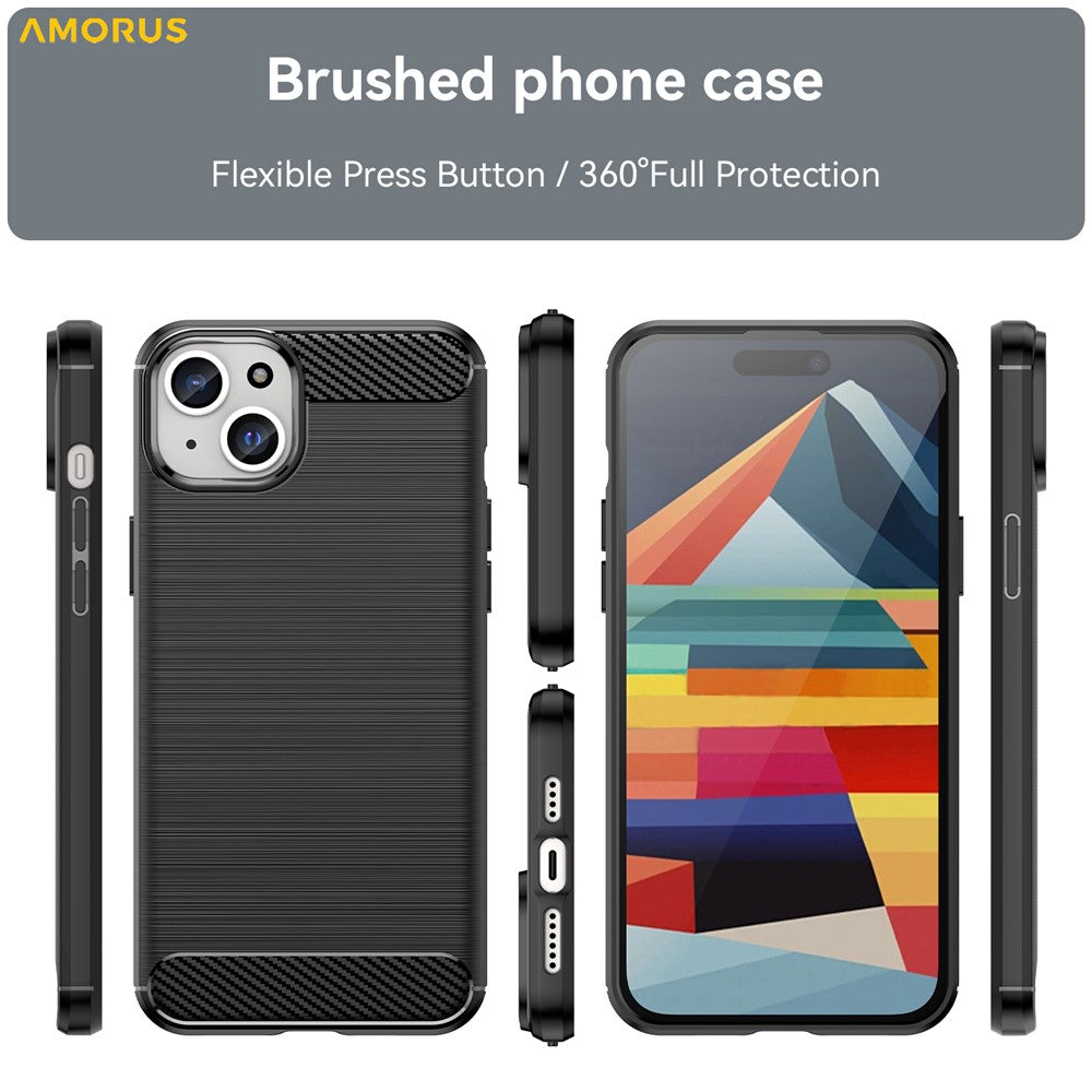 AMORUS för iPhone 15 Plus fodral kolfibertextur borstat skyddande telefonskal