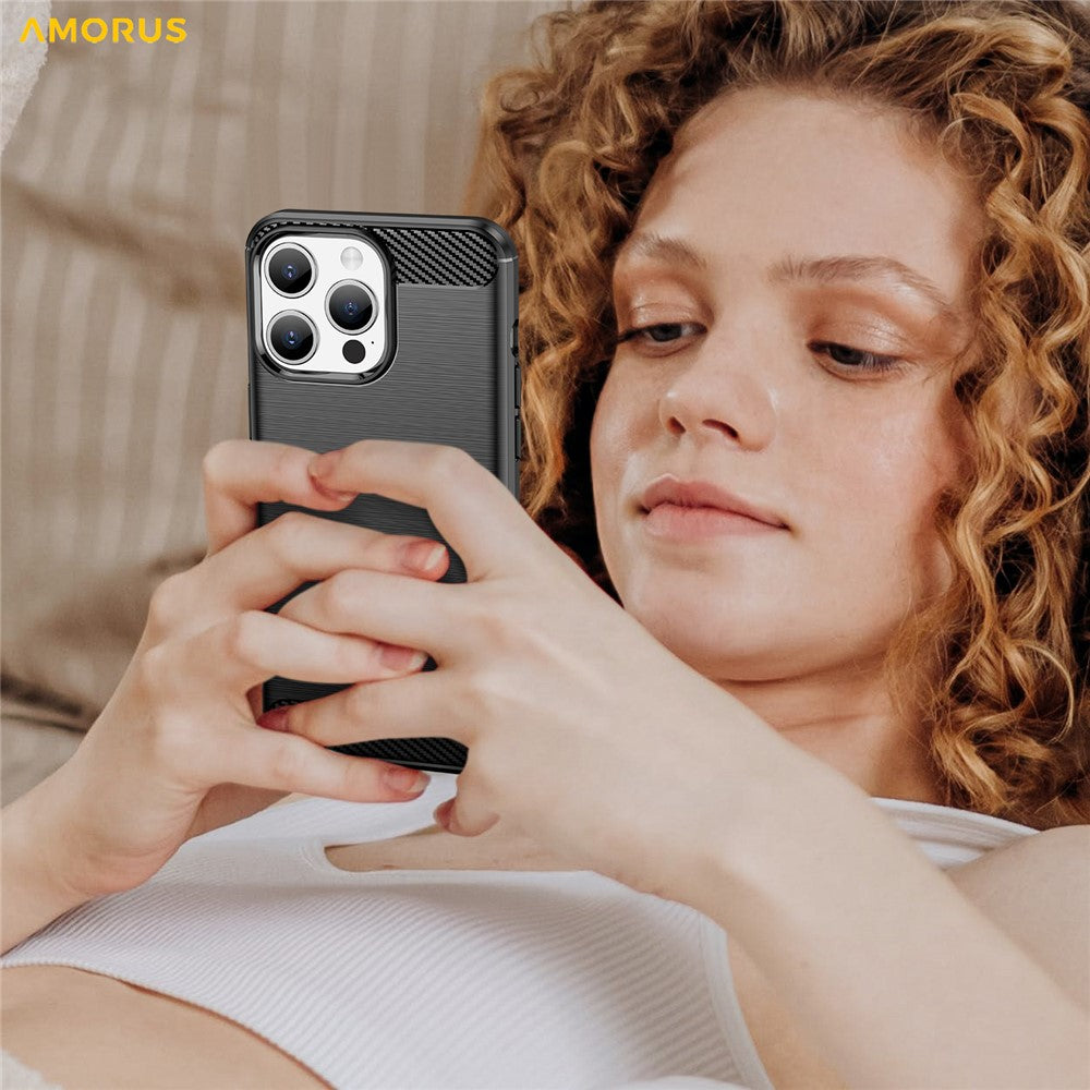 AMORUS For iPhone 15 Pro Max Case Carbon Fiber Texture Brushed Protective Phone Cover