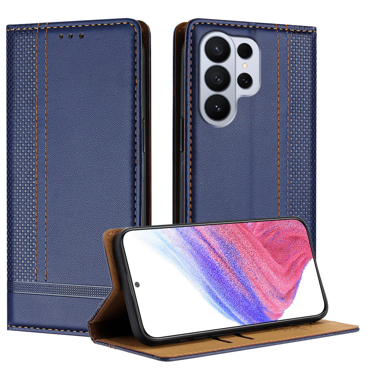 For Samsung Galaxy S26 Ultra Case L-Shaped Grid Pattern Leather Stand Phone Cover with Card Slots