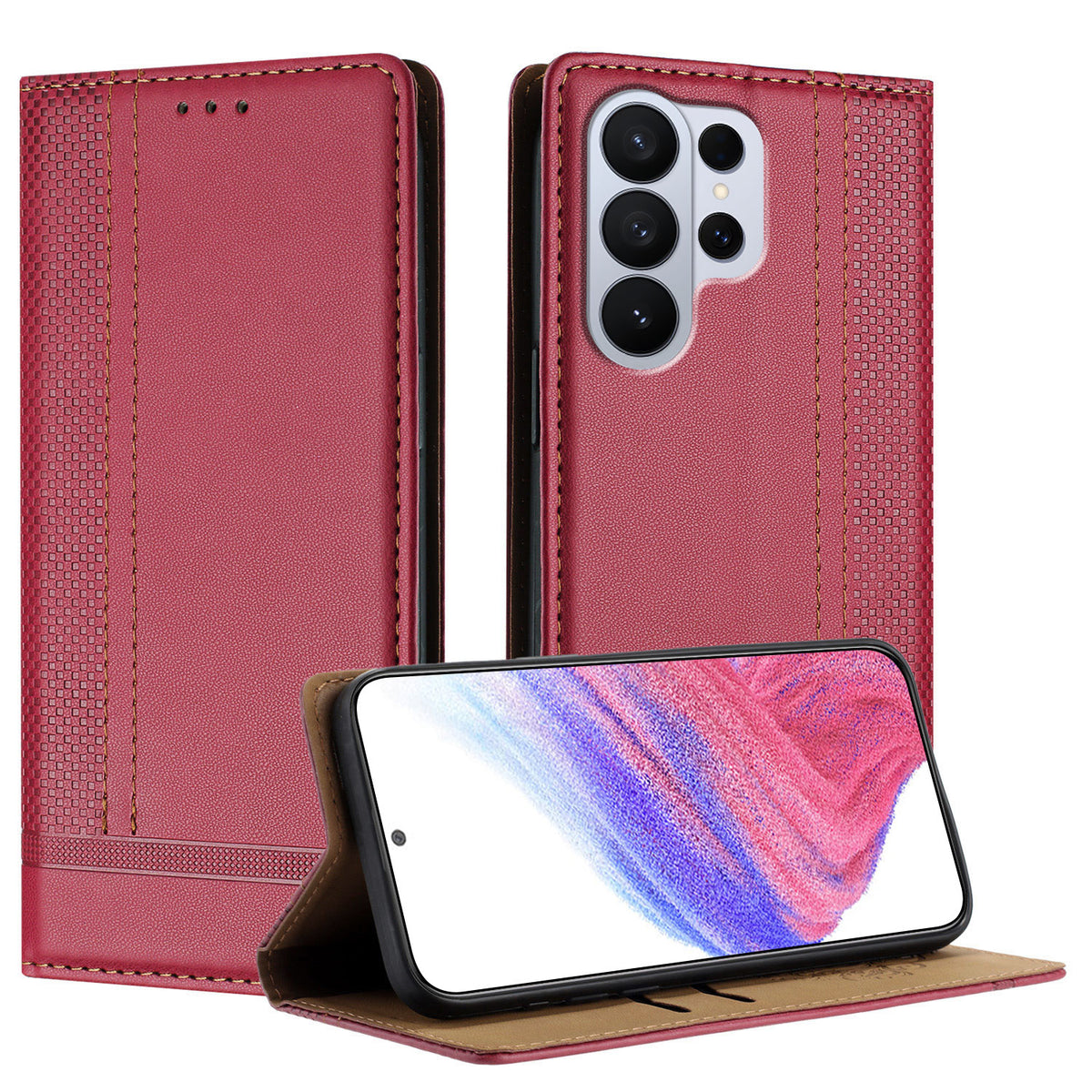 For Samsung Galaxy S26 Ultra Case L-Shaped Grid Pattern Leather Stand Phone Cover with Card Slots