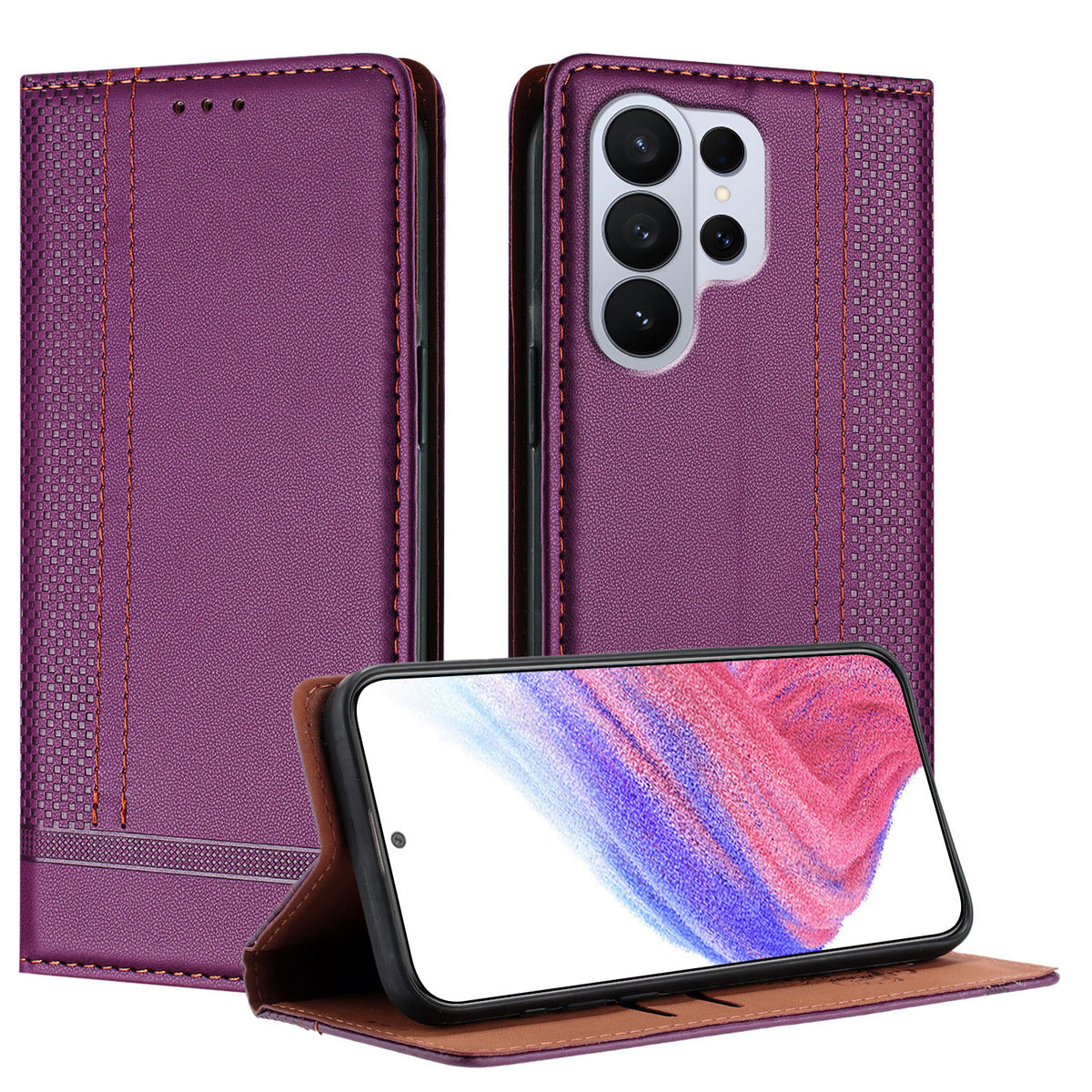 For Samsung Galaxy S26 Ultra Case L-Shaped Grid Pattern Leather Stand Phone Cover with Card Slots