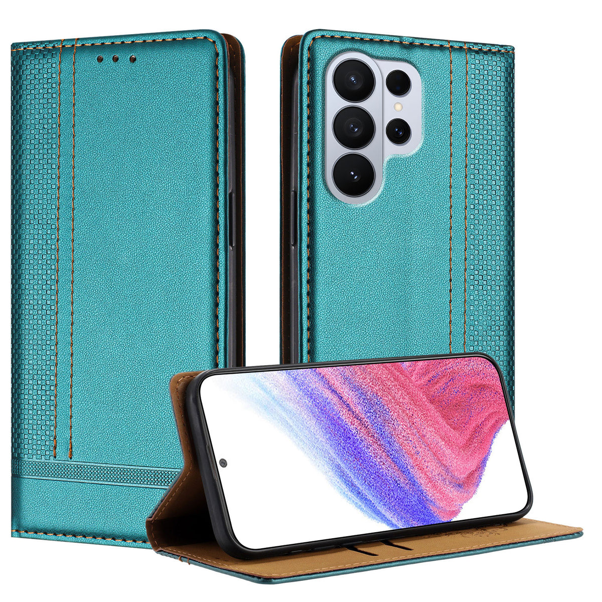 Samsung Galaxy S26 Ultra-skal L-format rutmönster läderstativ mobilskal med kortfack