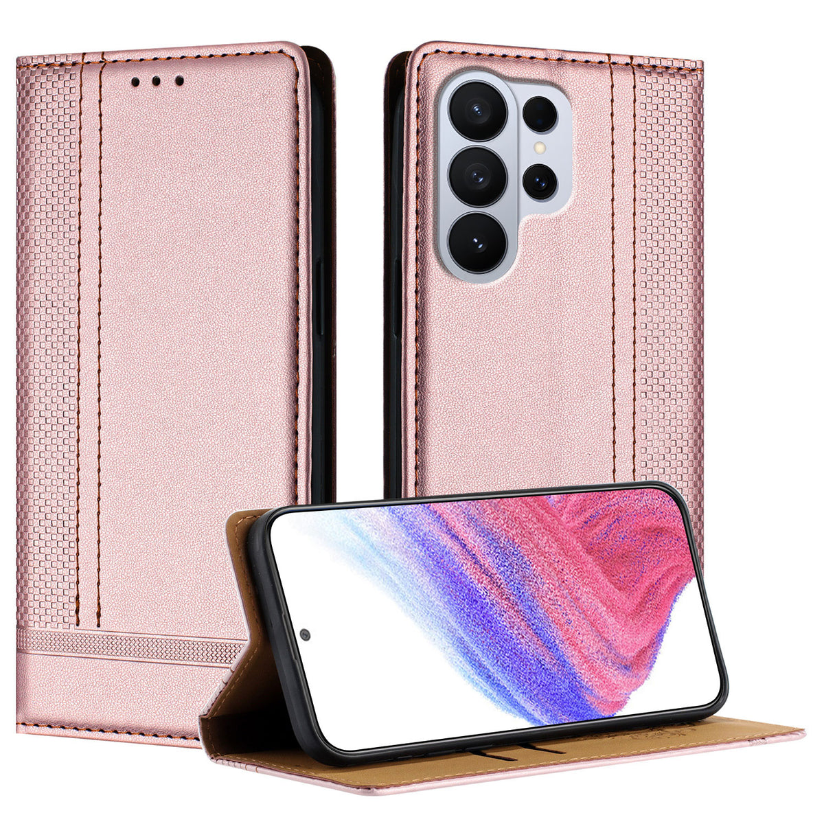 For Samsung Galaxy S26 Ultra Case L-Shaped Grid Pattern Leather Stand Phone Cover with Card Slots