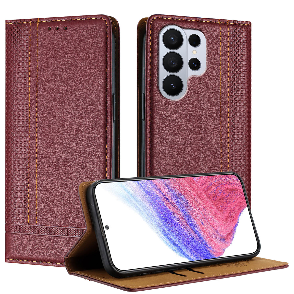 For Samsung Galaxy S26 Ultra Case L-Shaped Grid Pattern Leather Stand Phone Cover with Card Slots