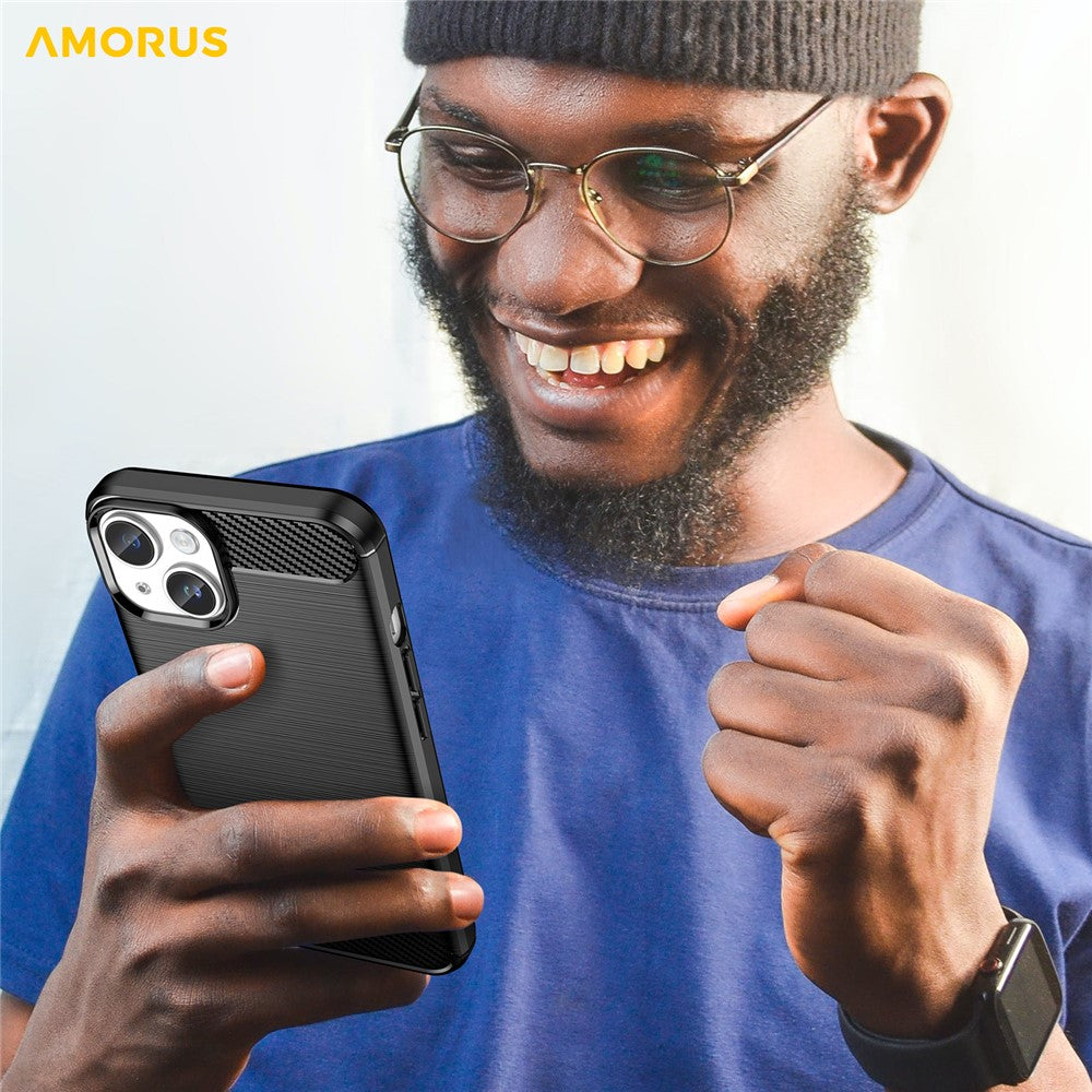 AMORUS For iPhone 14 Plus Case Carbon Fiber Texture Brushed Protective Phone Cover