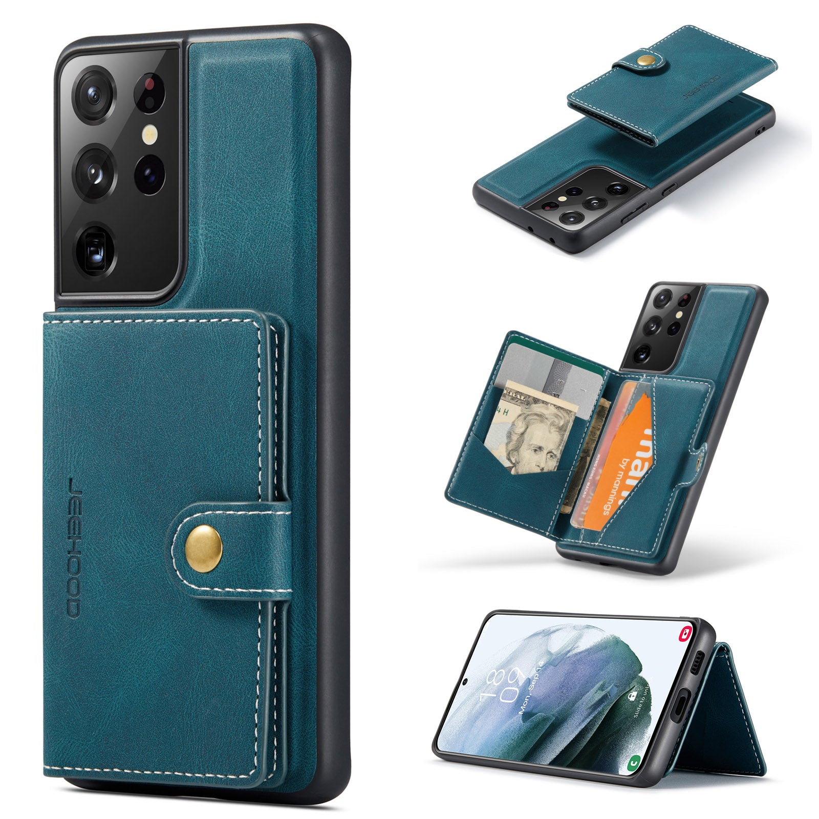 JEEHOOD For Samsung Galaxy S21 Ultra 5G Case  J01 Retro Leather Phone Back Cover with Detachable Magnetic Card Holder