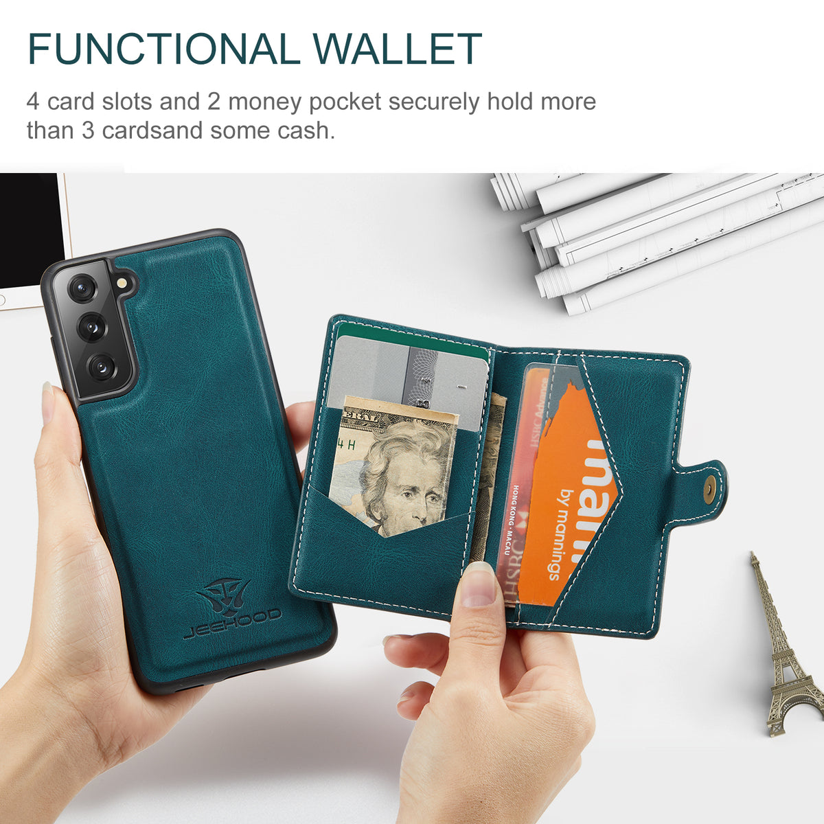 JEEHOOD För Samsung Galaxy S21+ 5G Skal J01 Retro Läder Baksida mobil Med Avtagbar Magnetisk Korthållare