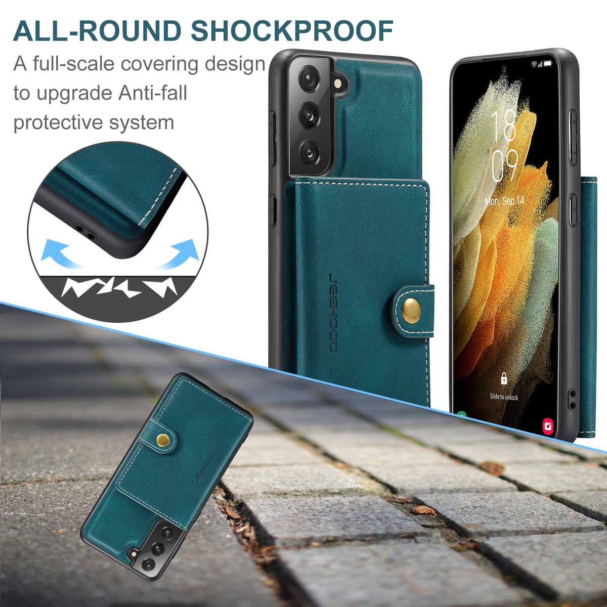 JEEHOOD För Samsung Galaxy S21+ 5G Skal J01 Retro Läder Baksida mobil Med Avtagbar Magnetisk Korthållare