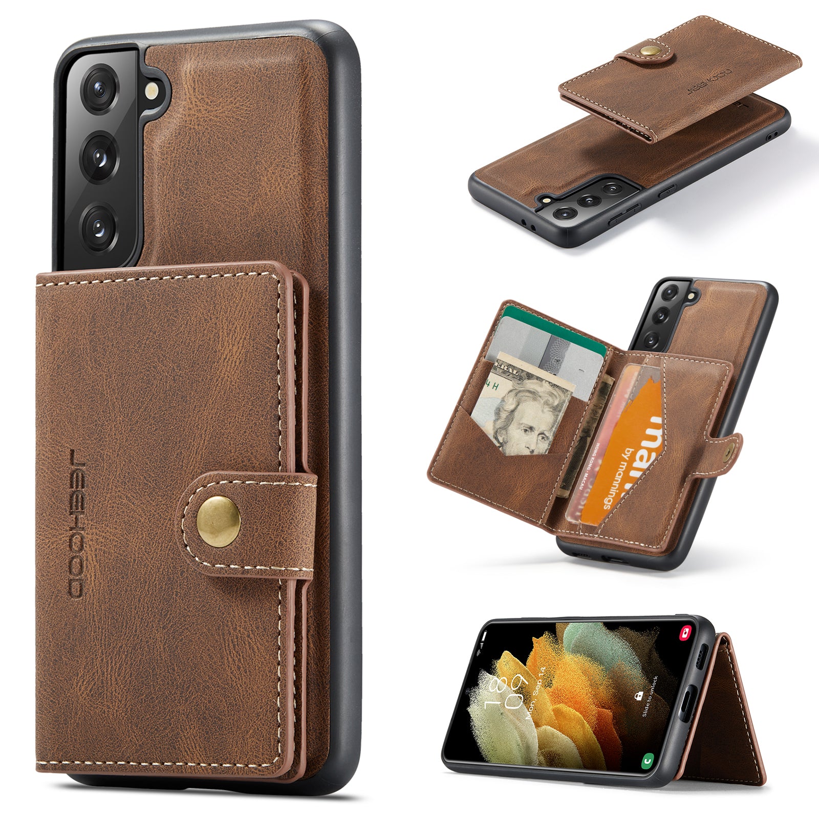 JEEHOOD For Samsung Galaxy S21+ 5G Case  J01 Retro Leather Phone Back Cover with Detachable Magnetic Card Holder