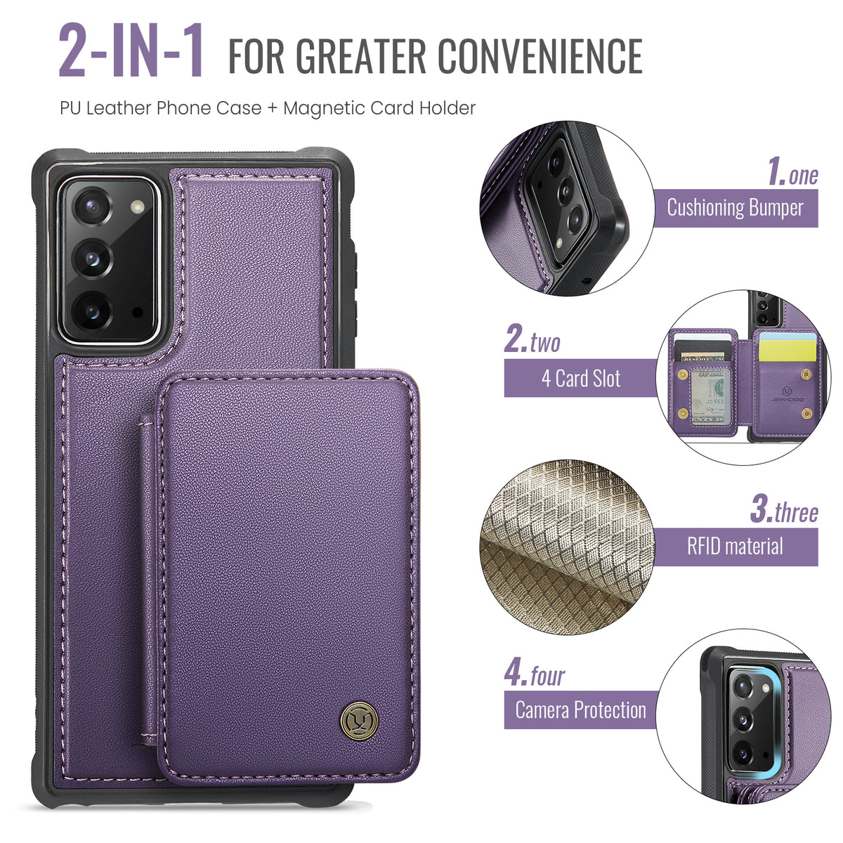 JEEHOOD Til Samsung Galaxy Note20 Etui J05 Mobilt lædercover med aftagelig magnetisk kortpung