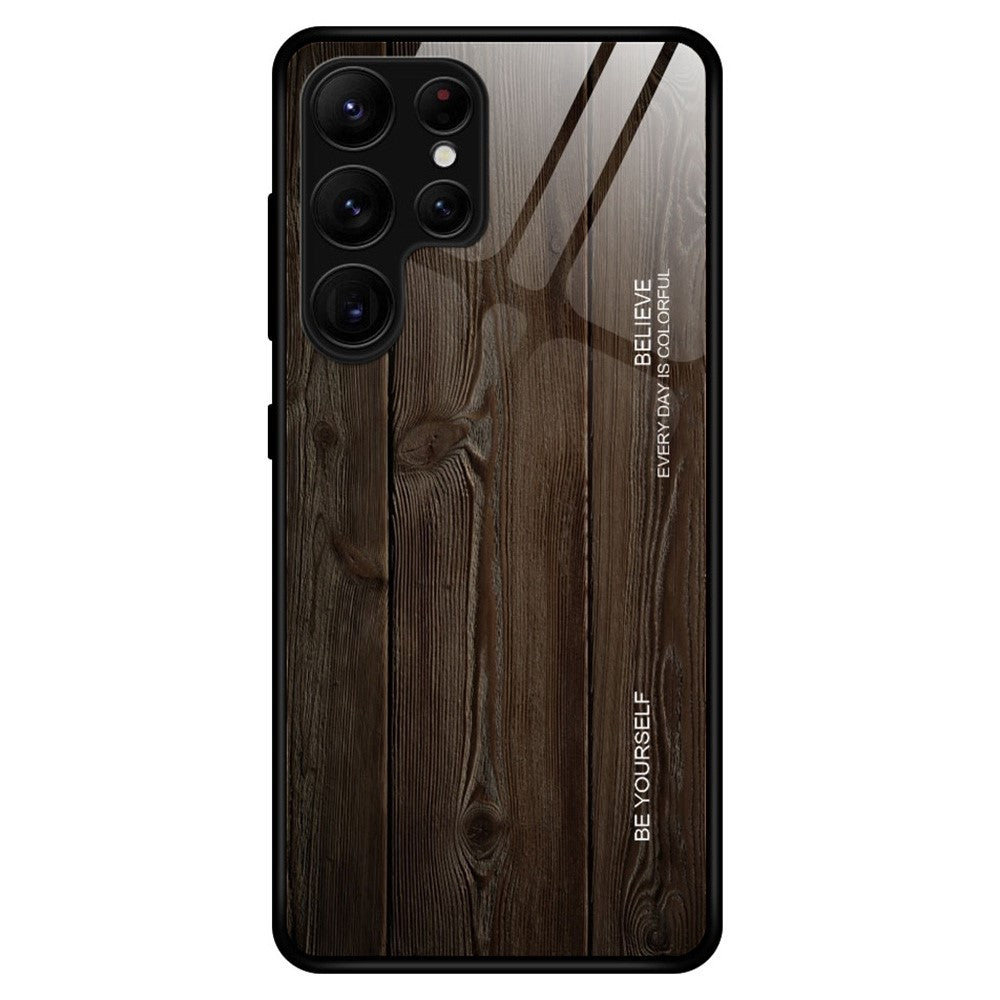 For Samsung Galaxy S23 Ultra Scratch Proof Wooden Pattern Tempered Glass Shell Phone Case TPU Frame Protective Cover