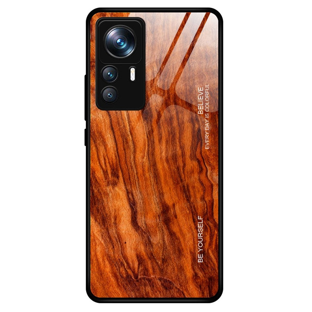 For Xiaomi 12T Pro 5G Drop Resistant Wooden Pattern Tempered Glass Shell Phone Case TPU Frame Protective Cover