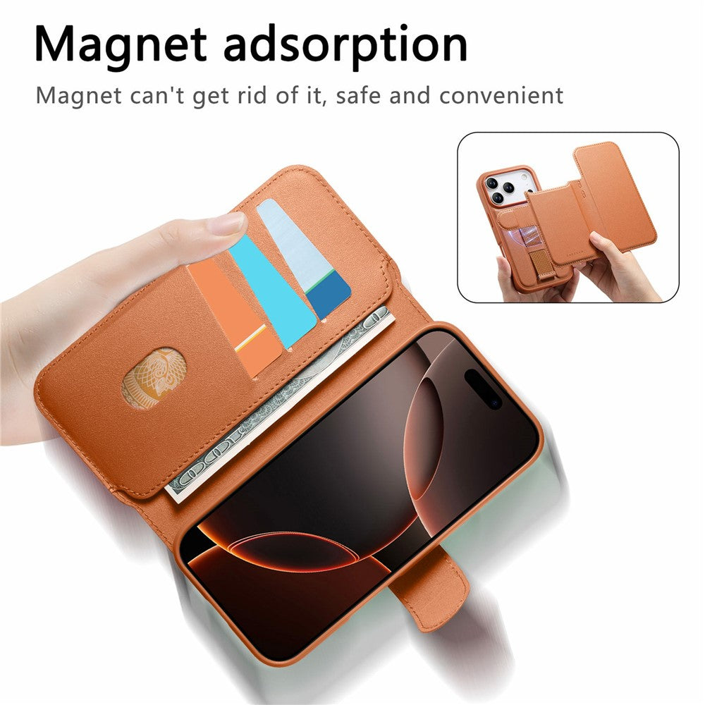CASENEO magnetisk etui til iPhone 18 Pro / 17 Pro, RFID-blokerende tegnebog, aftageligt læderetui med armbånd