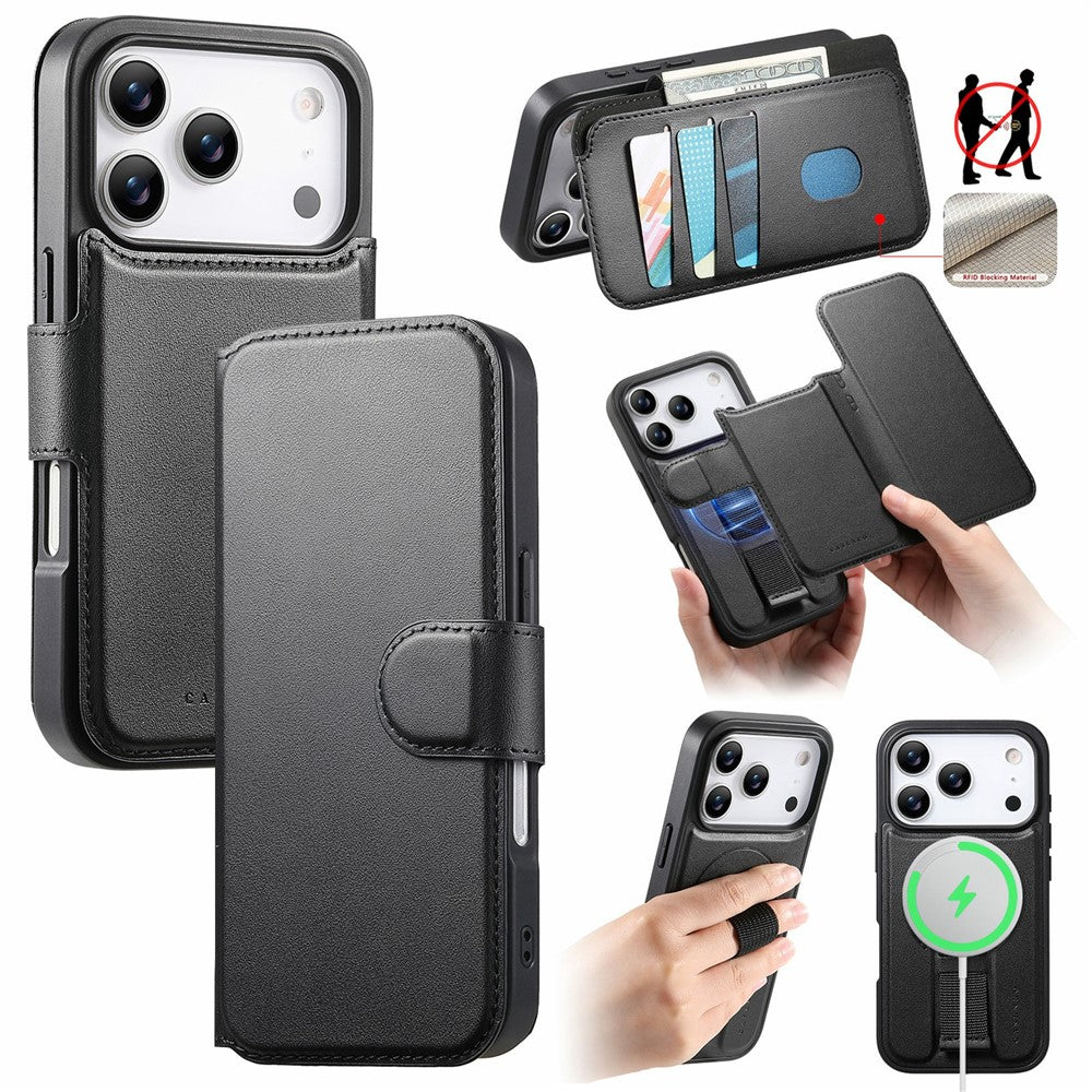 CASENEO For iPhone 18 Pro Max / 17 Pro Max Magnetic Case RFID Blocking Wallet Detachable Leather Phone Cover with Wristband