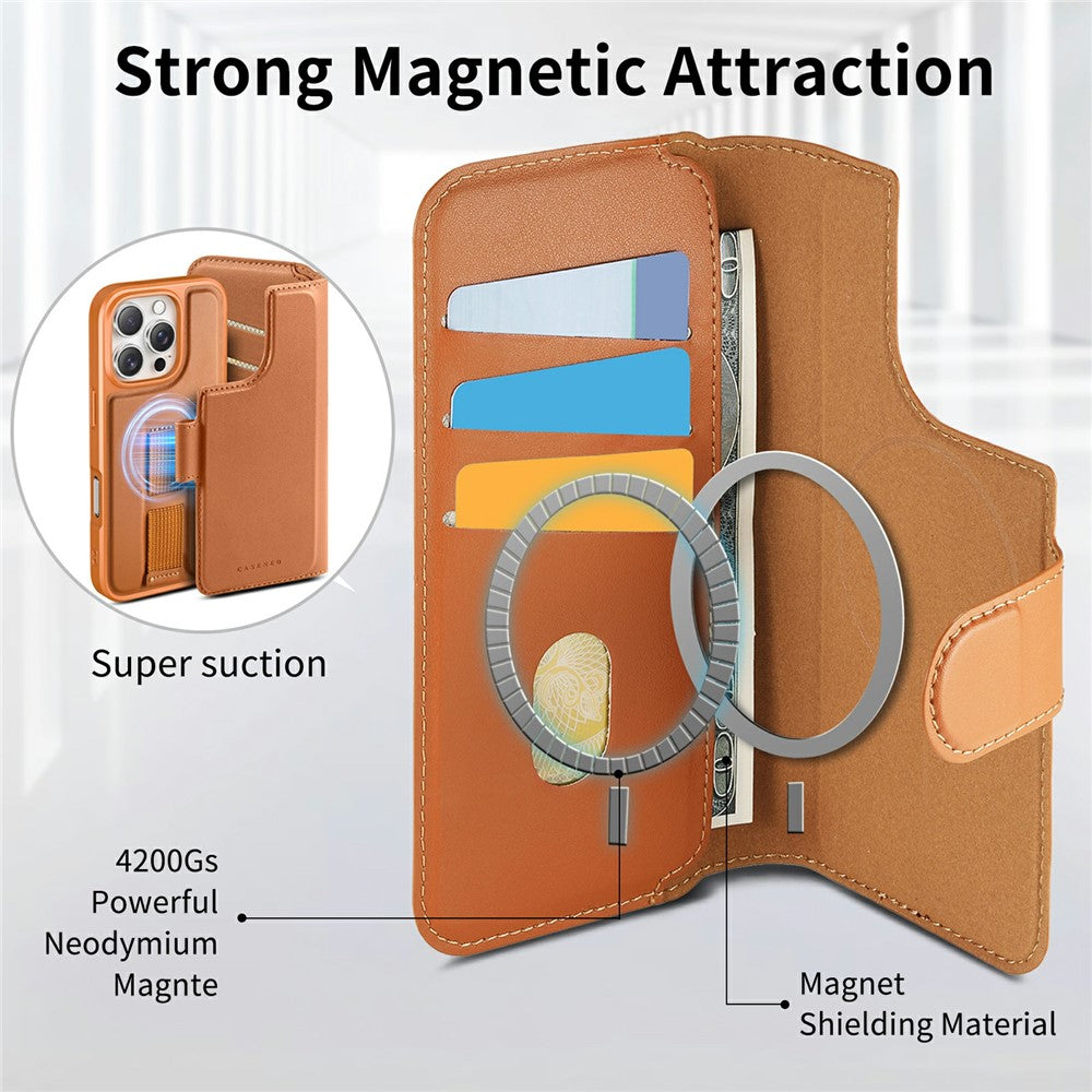 CASENEO For iPhone 17 Magnetic Case RFID Blocking Wallet Detachable Leather Phone Cover with Wristband