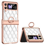 For Samsung Galaxy Z Flip3 5G Ring Kickstand Electroplating PU Leather Coated PC Case Imprinted Rhombus Grid Pattern Folding Phone Cover