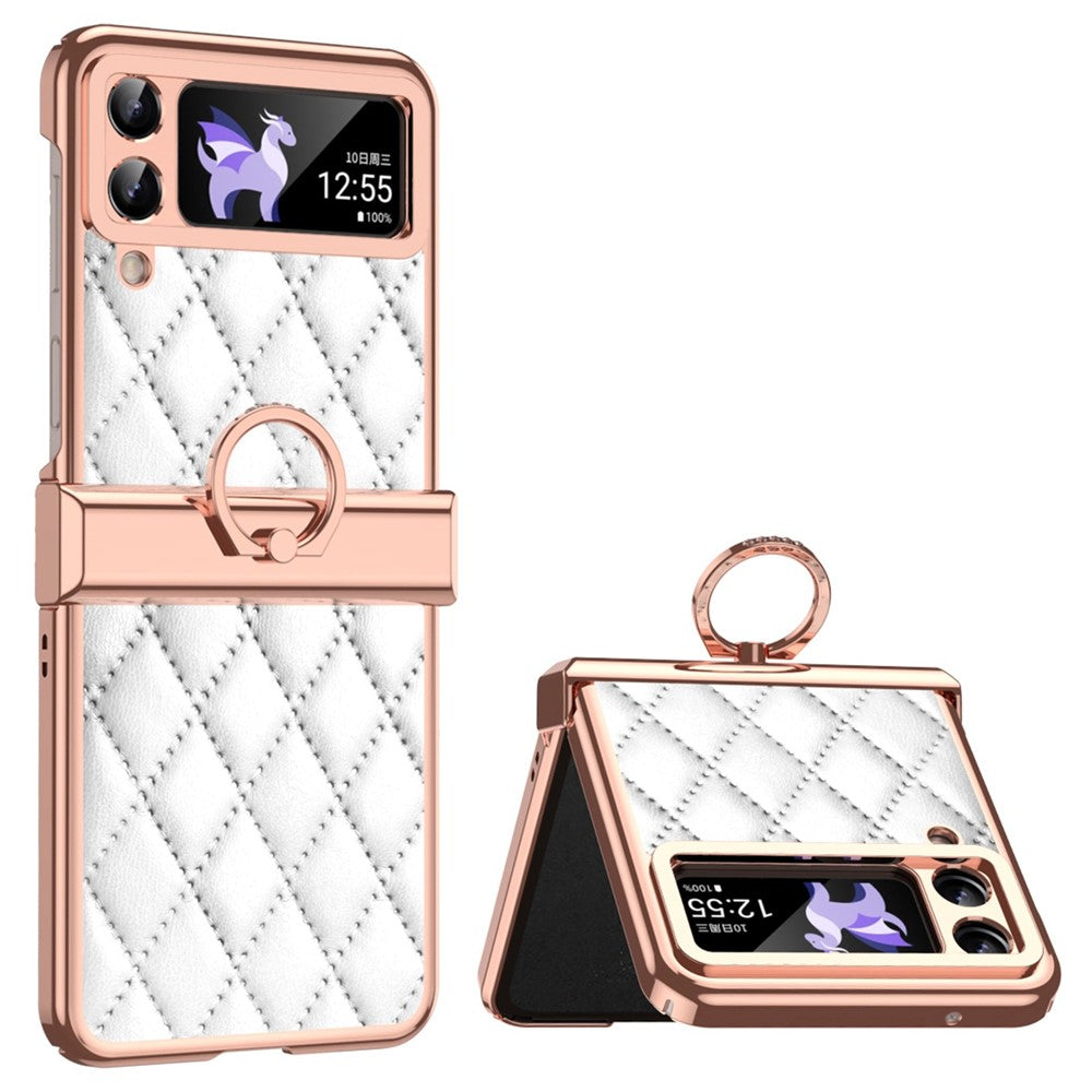 For Samsung Galaxy Z Flip3 5G Ring Kickstand Electroplating PU Leather Coated PC Case Imprinted Rhombus Grid Pattern Folding Phone Cover