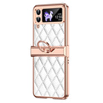 For Samsung Galaxy Z Flip3 5G Ring Kickstand Electroplating PU Leather Coated PC Case Imprinted Rhombus Grid Pattern Folding Phone Cover