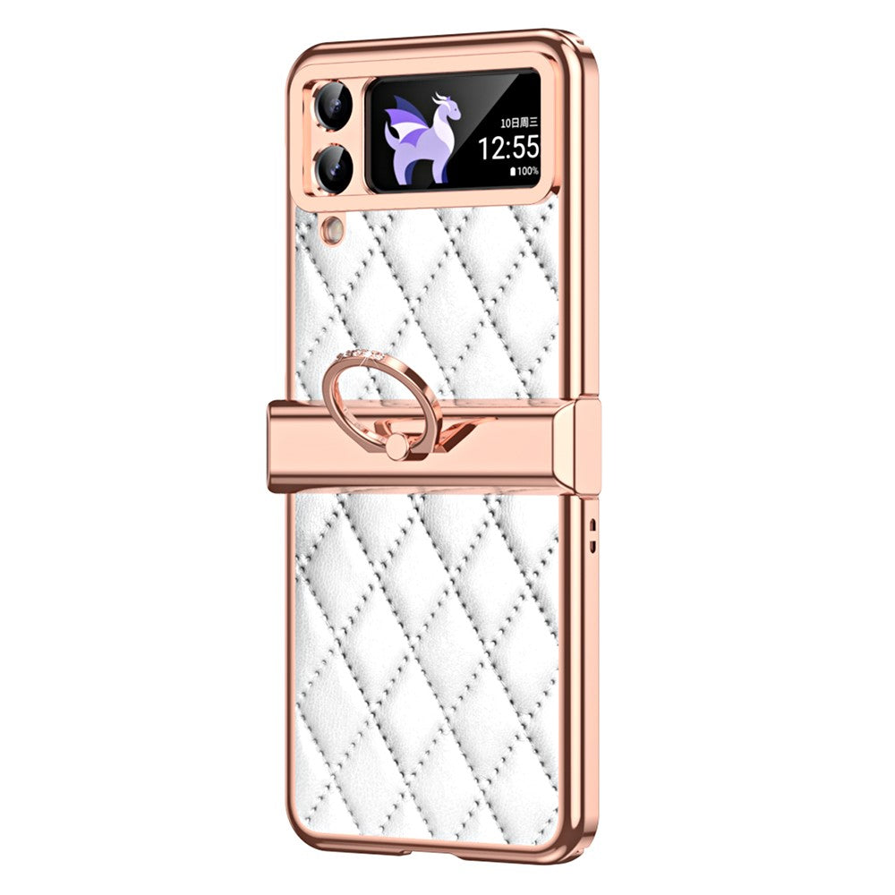 For Samsung Galaxy Z Flip3 5G Ring Kickstand Electroplating PU Leather Coated PC Case Imprinted Rhombus Grid Pattern Folding Phone Cover