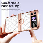 For Samsung Galaxy Z Flip3 5G Ring Kickstand Electroplating PU Leather Coated PC Case Imprinted Rhombus Grid Pattern Folding Phone Cover