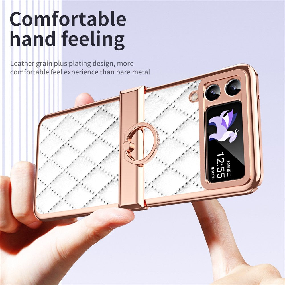 For Samsung Galaxy Z Flip3 5G Ring Kickstand Electroplating PU Leather Coated PC Case Imprinted Rhombus Grid Pattern Folding Phone Cover