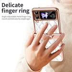 For Samsung Galaxy Z Flip3 5G Ring Kickstand Electroplating PU Leather Coated PC Case Imprinted Rhombus Grid Pattern Folding Phone Cover