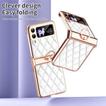 For Samsung Galaxy Z Flip3 5G Ring Kickstand Electroplating PU Leather Coated PC Case Imprinted Rhombus Grid Pattern Folding Phone Cover