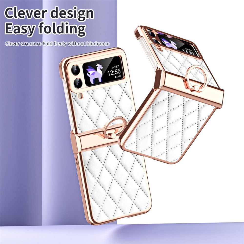 For Samsung Galaxy Z Flip3 5G Ring Kickstand Electroplating PU Leather Coated PC Case Imprinted Rhombus Grid Pattern Folding Phone Cover