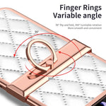 For Samsung Galaxy Z Flip3 5G Ring Kickstand Electroplating PU Leather Coated PC Case Imprinted Rhombus Grid Pattern Folding Phone Cover