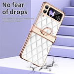 For Samsung Galaxy Z Flip3 5G Ring Kickstand Electroplating PU Leather Coated PC Case Imprinted Rhombus Grid Pattern Folding Phone Cover