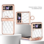 For Samsung Galaxy Z Flip3 5G Ring Kickstand Electroplating PU Leather Coated PC Case Imprinted Rhombus Grid Pattern Folding Phone Cover