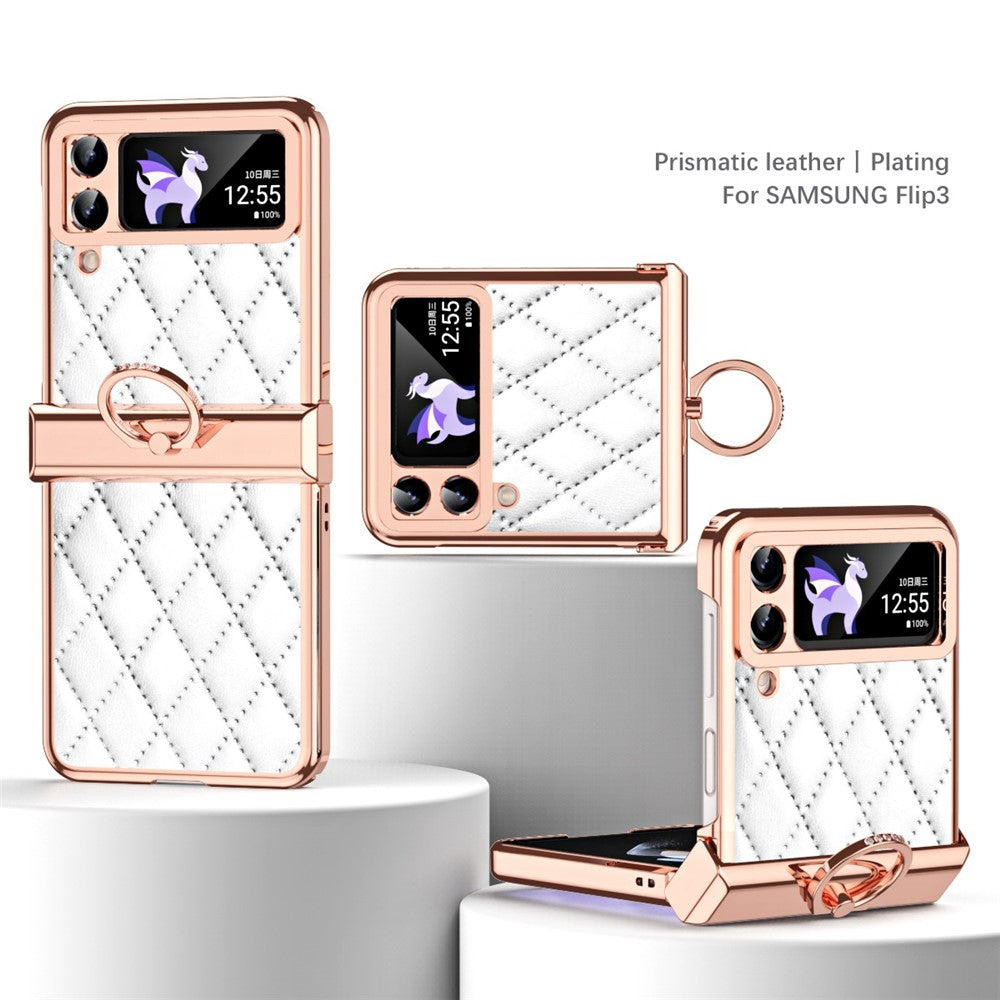 For Samsung Galaxy Z Flip3 5G Ring Kickstand Electroplating PU Leather Coated PC Case Imprinted Rhombus Grid Pattern Folding Phone Cover