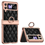 For Samsung Galaxy Z Flip3 5G Ring Kickstand Electroplating PU Leather Coated PC Case Imprinted Rhombus Grid Pattern Folding Phone Cover